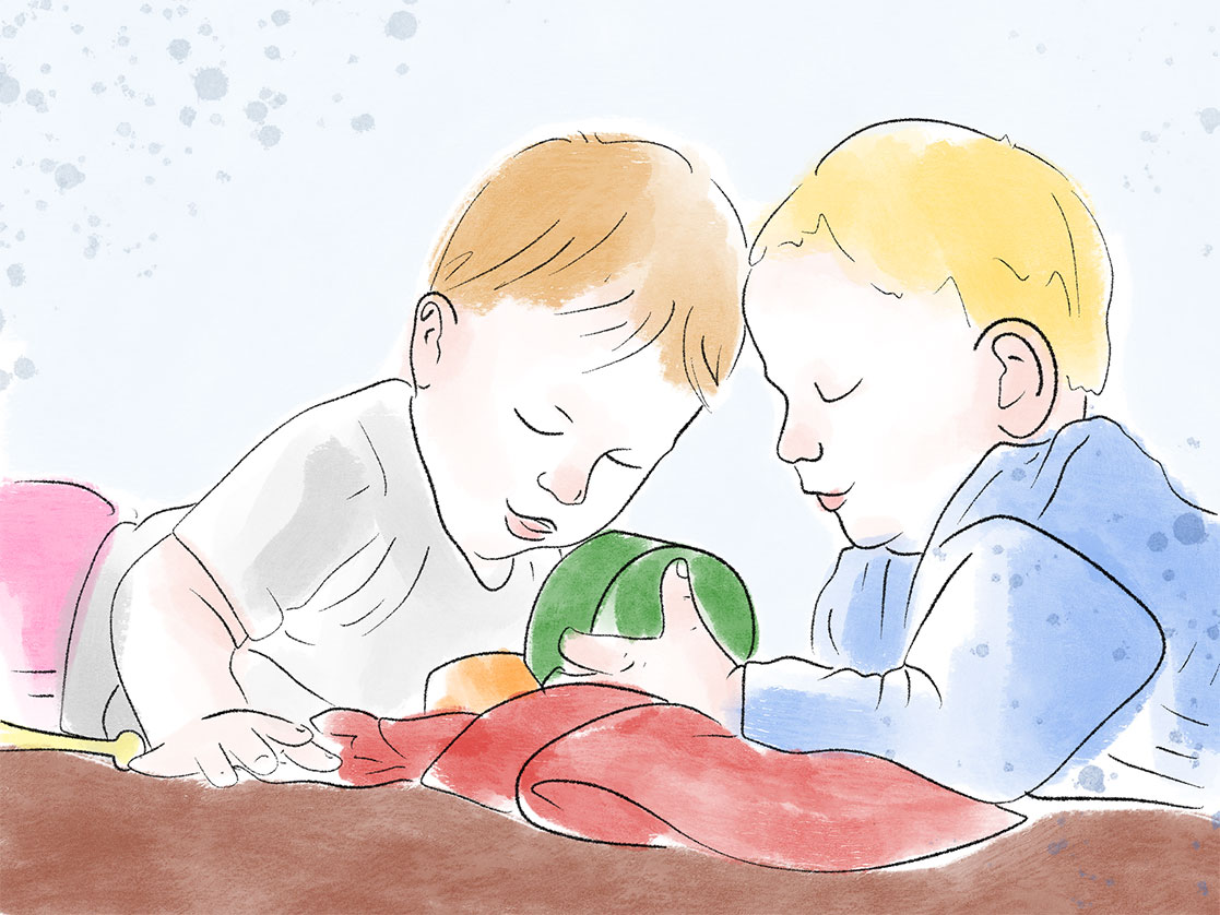 Zeichnung von zwei liegend spielenden Kindern