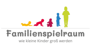 fünf Kinder in unterschiedlichen Entwicklungsstadien - vom Liegen über krabbeln und sitzen bis stehend, in fünf fröhlichen Farben, dazu die Schrift "Familienspielraum - wie kleine Kinder groß werden"