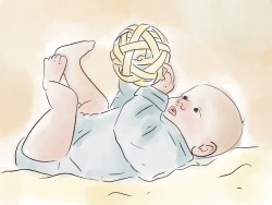 Zeichnung von Baby, das in Rückenlage mit beiden Händen einen geflochtenen Pikler-Ball hält